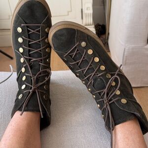 Anthropologie Brand Bibi Lou NEW Lace up Kaki Green Suede with Gold combat Boots